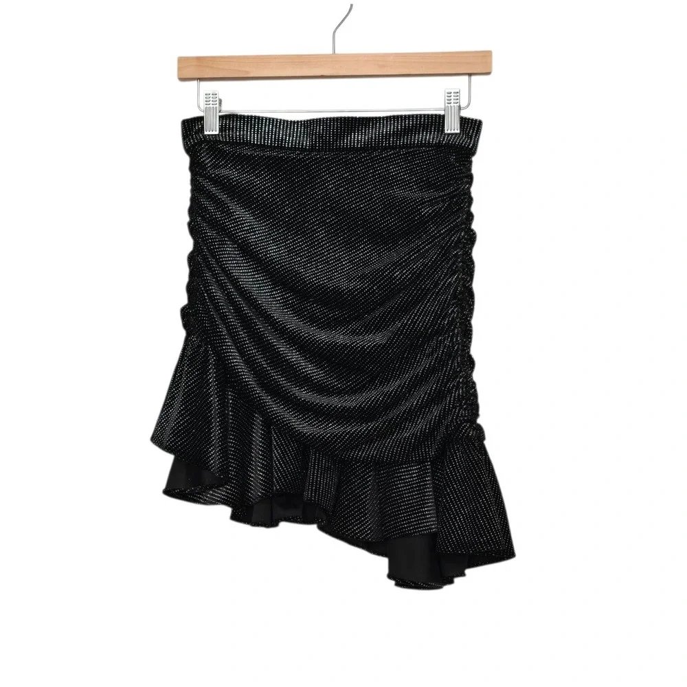 Zara Womens Black Silver Metallic Ruched Asymmetrical Ruffle Mini Skirt Small